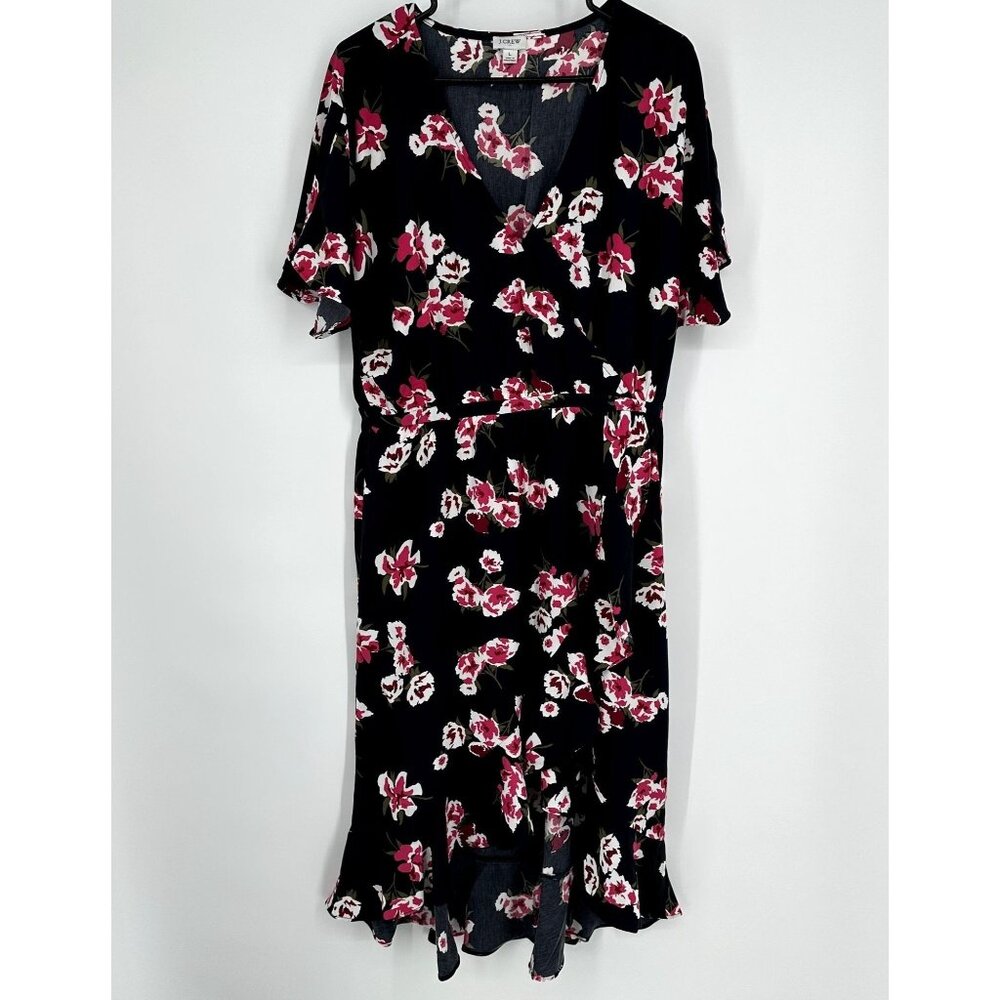 J.Crew Women's High-Low Navy Blue Floral Print Faux Wrap Ruffle‎ Midi Dress Size